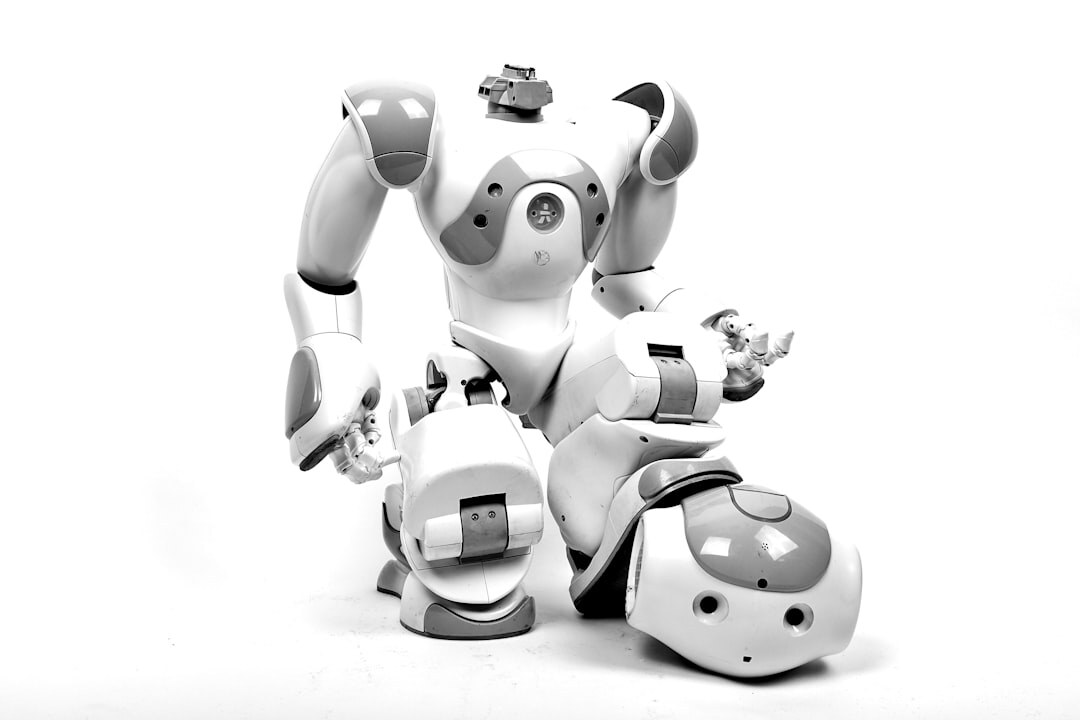 White robot with blue eyes in modern lab